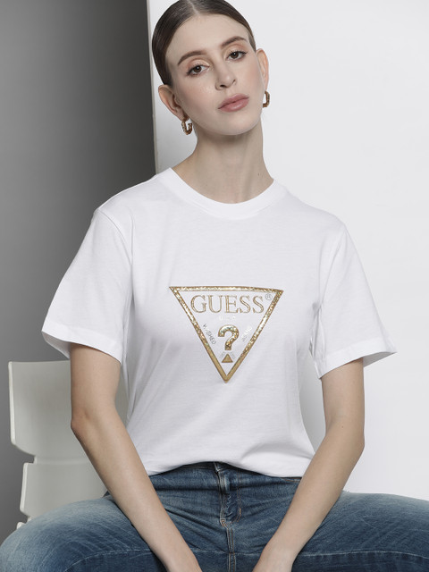 

GUESS Women White & Golden Brand Logo Print Pure Cotton T-shirt