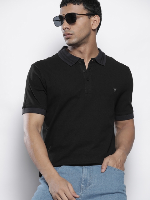 

GUESS Men Black Polo Collar Brand Logo Applique T-shirt