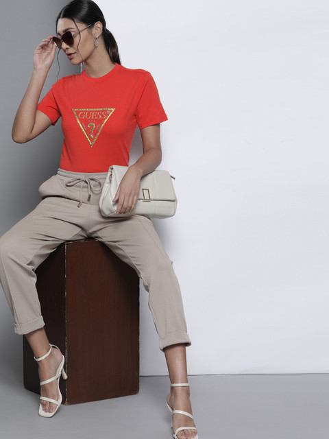 

GUESS Women Red & Golden Pure Cotton Brand Logo Embossed Printed T-shirt
