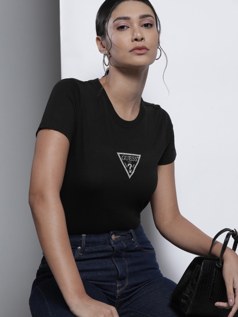 

GUESS Women Black Brand Logo Printed Pure Cotton T-shirt