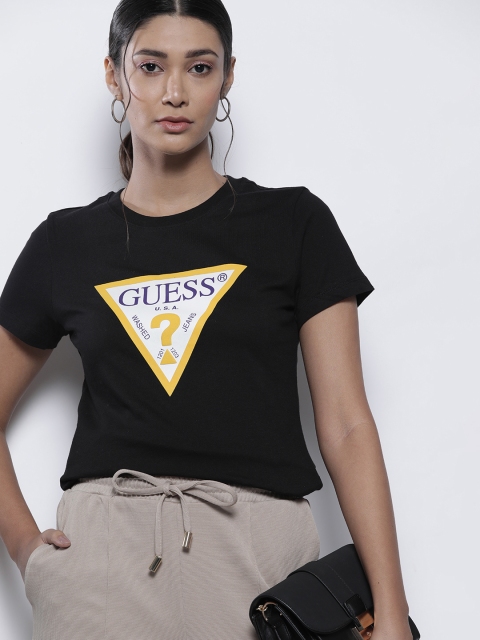 

GUESS Women Black & White Brand Logo Printed Pure Cotton T-shirt