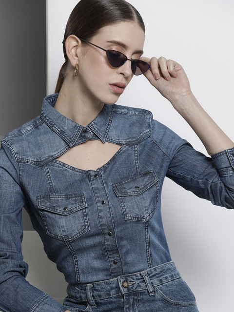 

GUESS Women Blue Solid Chambray Casual Shirt