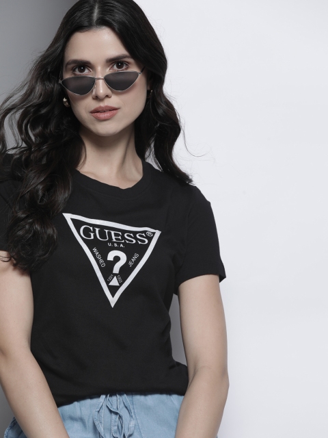 

GUESS Women Black & White Brand Logo Printed T-shirt