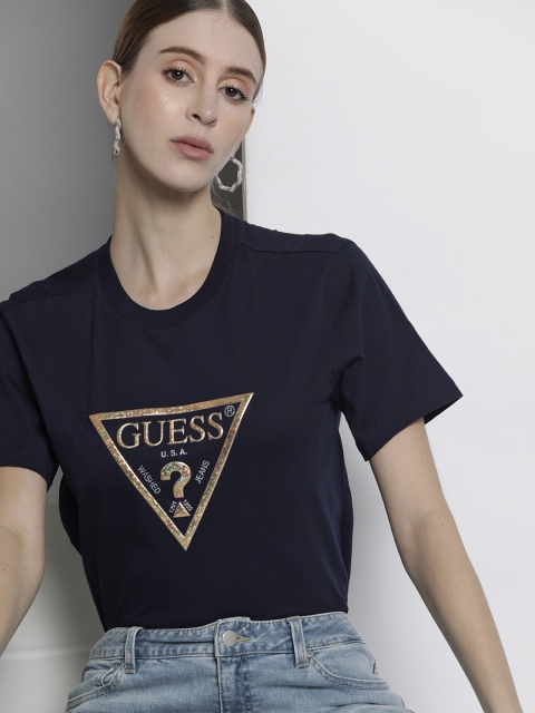

GUESS Women Navy Blue & Golden Brand Logo Print Pure Cotton T-shirt