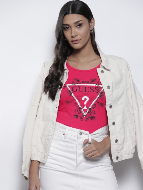 

GUESS Women Pink Brand Logo Printed Embellished T-shirt