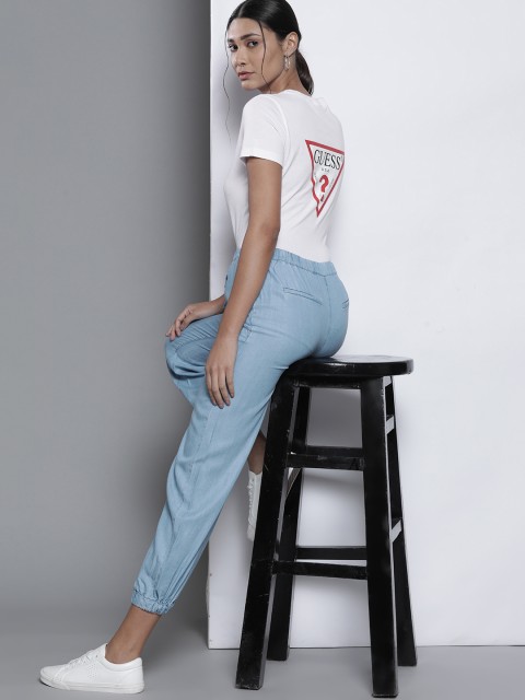 

GUESS Women White Brand Logo Printed Pure Cotton T-shirt
