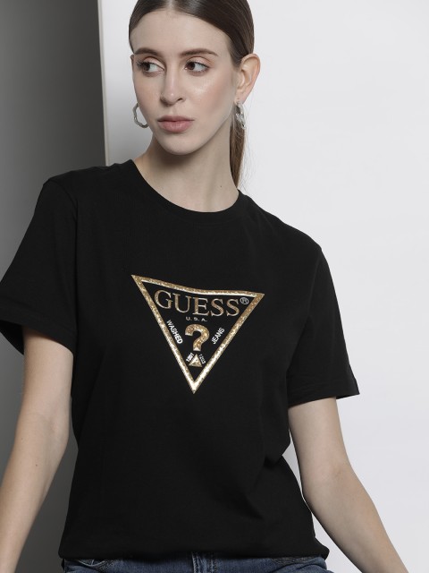 

GUESS Women Black & Golden Brand Logo Print Pure Cotton T-shirt