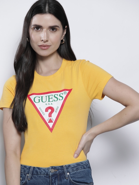 

GUESS Women Yellow & Red Brand Logo Printed Pure Cotton T-shirt