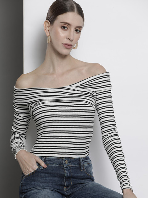

GUESS Women White & Black Striped Off-Shoulder Top