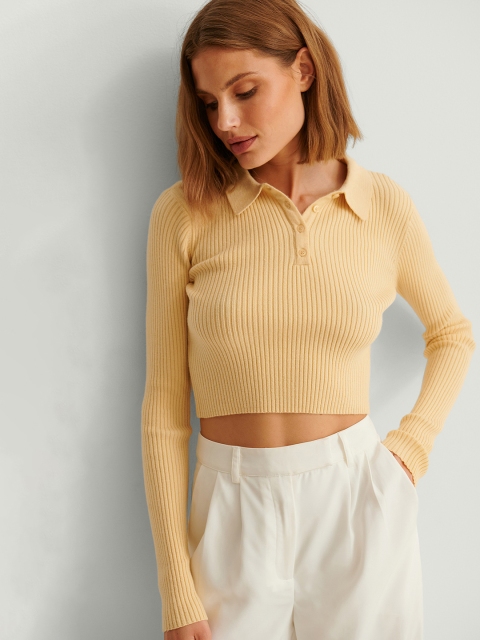 

NA-KD Women Yellow Self- Striped Crop Top