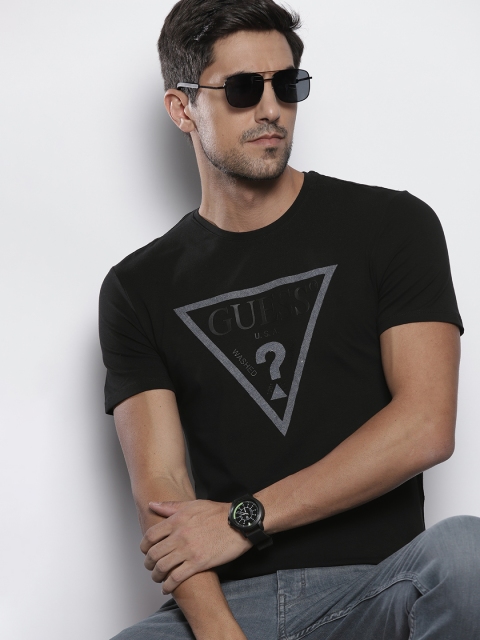 

GUESS Men Black Brand Logo Embossed Printed Applique Detail T-shirt