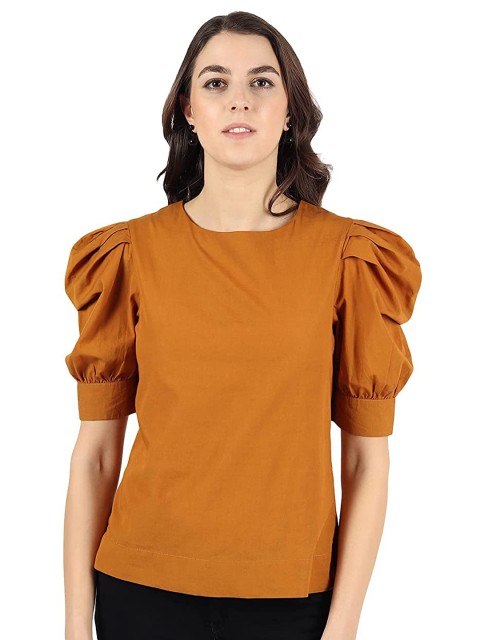 

Athah Womens Solid Mustard Yellow Puffed Sleeve Top