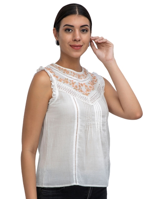 

Athah White Floral Embroidered Cotton Top
