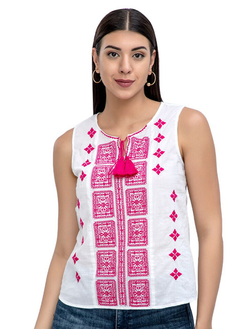 

Athah White & Pink Tribal Print Tie-Up Neck Top