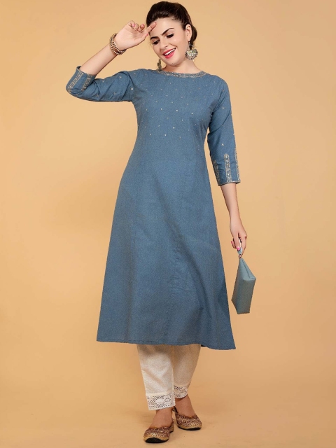 

POONAM DESIGNER Women Blue Thread Work Kurta