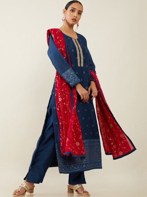 

Soch Women Blue Layered Sequinned Kurti with Trousers & With Dupatta