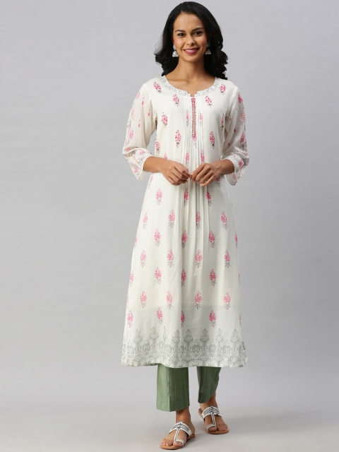 

Soch Women Cream-Coloured Floral Printed Kurta with Trousers