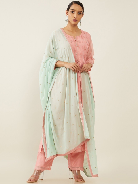 

Soch Women Peach-Coloured Embroidered Thread Work Kurta with Trousers & With Dupatta