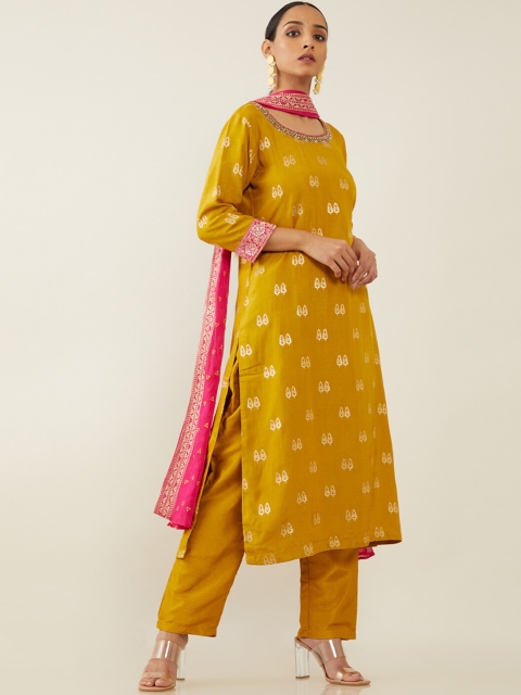 

Soch Women Mustard Yellow Ethnic Motifs Embroidered Angrakha Kurti with Salwar & With Dupatta