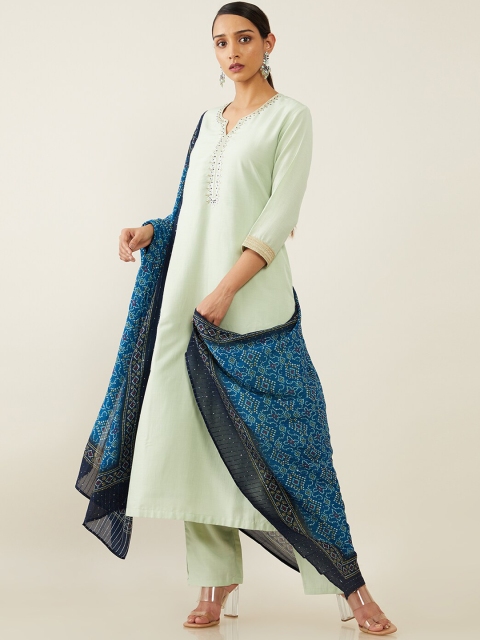 

Soch Women Green High Slit Zardozi Kurti with Trousers