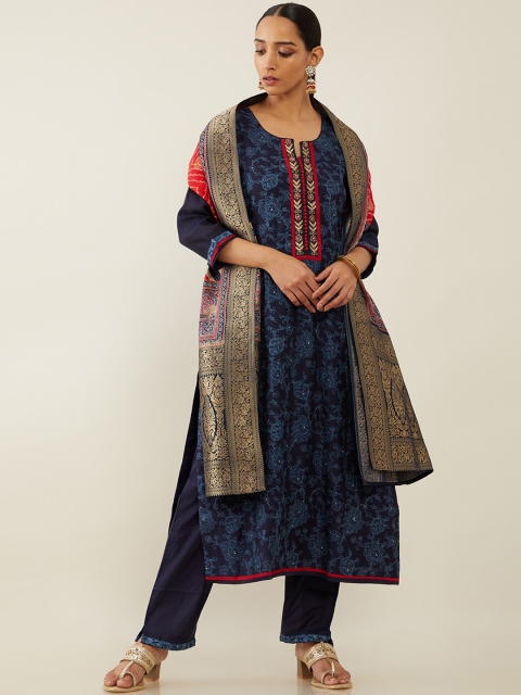

Soch Women Blue Ethnic Motifs Embroidered Kurta with Trousers & With Dupatta