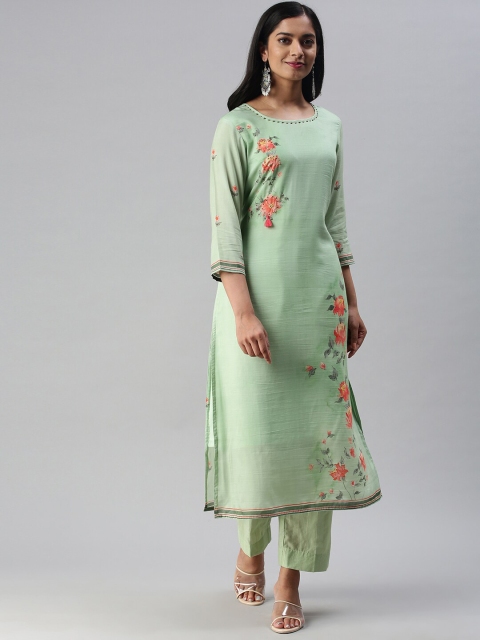 

Soch Women Green Yoke Design Pleated Beads and Stones Kurti with Trousers