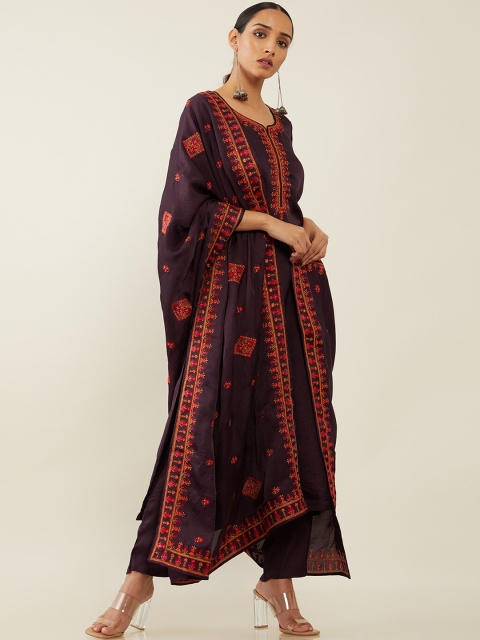 

Soch Women Purple High Slit Thread Work Kurti with Trousers & With Dupatta