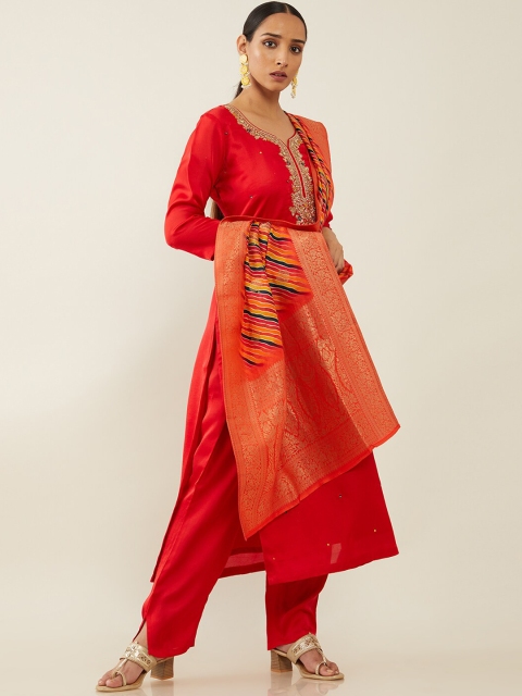 

Soch Women Rust Layered Mirror Work Kurta with Churidar & With Dupatta, Red
