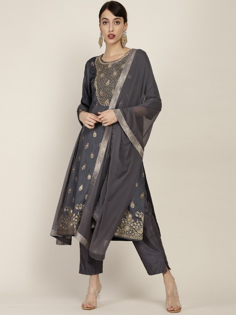 

Soch Women Grey Ethnic Motifs Embroidered Layered Sequinned Kurti with Trousers & With Dupatta
