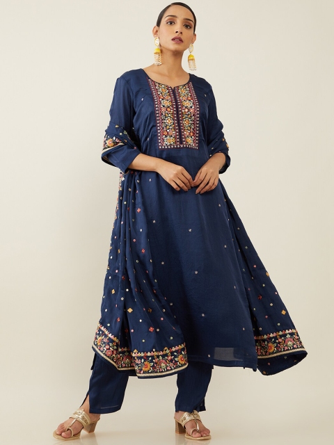 

Soch Women Navy Blue Embroidered Layered Mirror Work Kurti with Trousers & With Dupatta