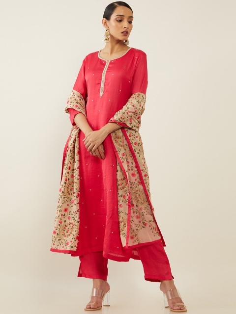 

Soch Women Pink Embroidered Layered Mirror Work Kurti with Trousers & With Dupatta