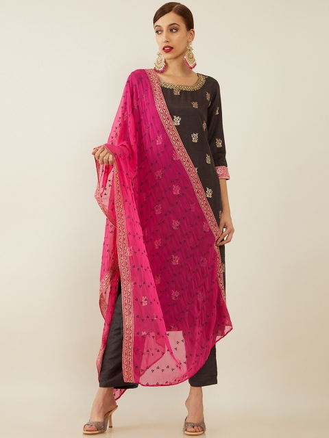 

Soch Women Charcoal & Pink Floral Embroidered Kurta with Trouser & With Dupatta