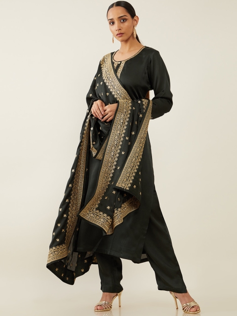 

Soch Women Green Floral Embroidered Layered Zardozi Kurti with Trousers & With Dupatta
