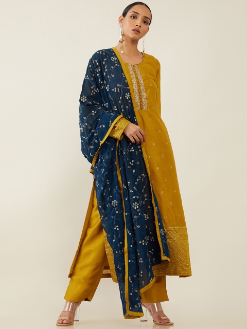 

Soch Women Green Floral Yoke Design Sequinned Kurta with Trousers & Dupatta