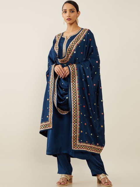 

Soch Women Navy Blue High Slit Kurta with Trousers & With Dupatta