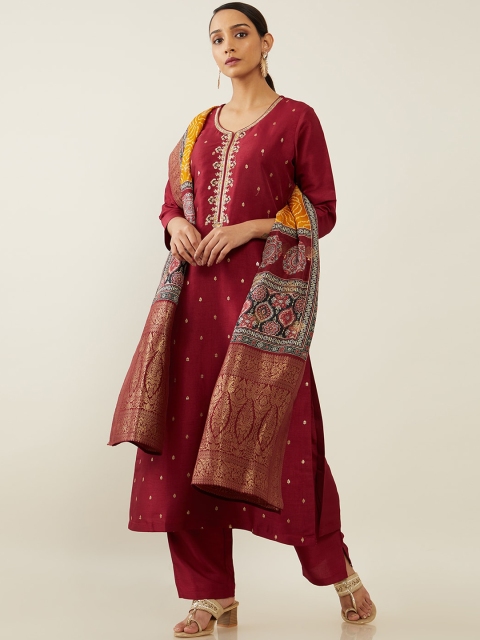 

Soch Women Maroon Ethnic Motifs Embroidered Layered Zardozi Kurti with Salwar & With Dupatta