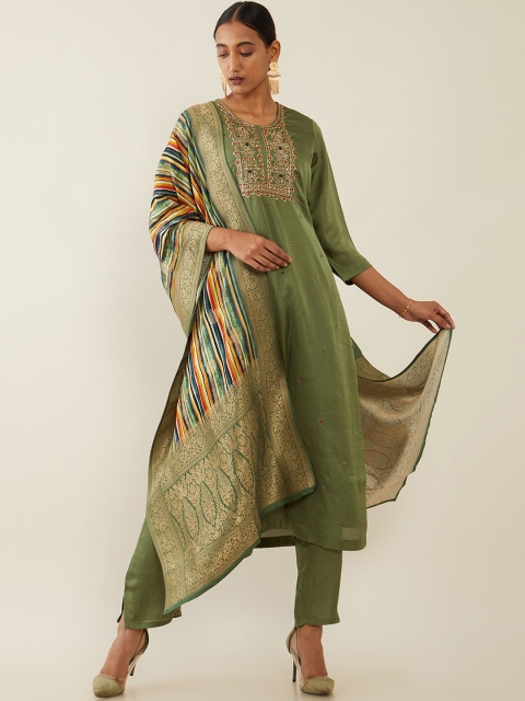 

Soch Women Green Embroidered Layered Mirror Work Kurti with Trousers & With Dupatta