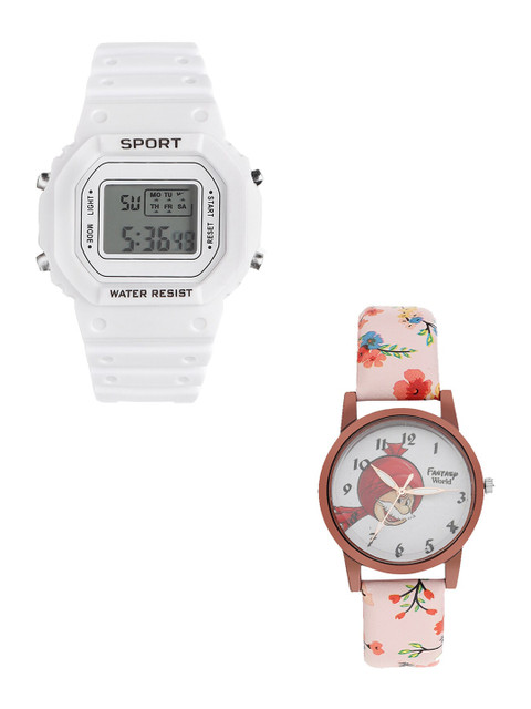 

Fantasy World Kids White & Pink Watch Set Of 2 Gift Set FWGiftSet-198A-WH-018-CH-CP1