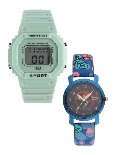 

Fantasy World Kids Set Of 2 Green & Blue Watch Gift Set-FWGiftSet-198A-GR-013-CH-BL2