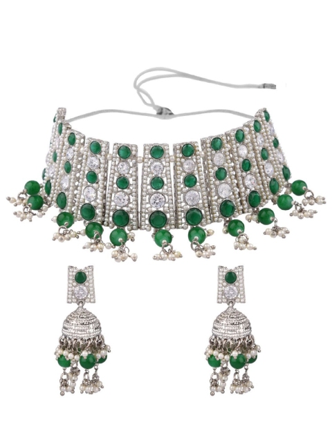 

Efulgenz Rhodium-Plated Green Crystal Studded Choker Necklace Jewellery Set