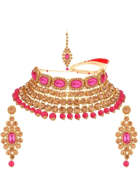 

Efulgenz Gold-Plated Pink Crystal-Studded Jadau Jewellery Set