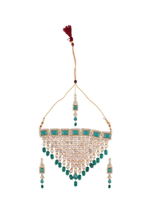 

Efulgenz Gold-Plated Green & White Crystal-Studded & Beaded Jadau Jewellery Set