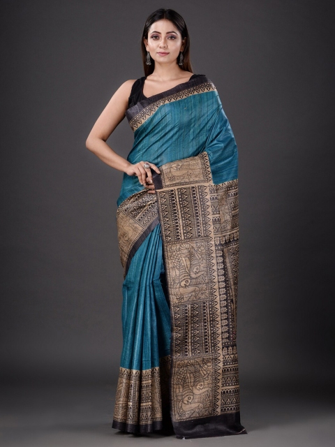 

Mitera Turquoise Blue & Black Floral Silk Blend Heavy Work Saree