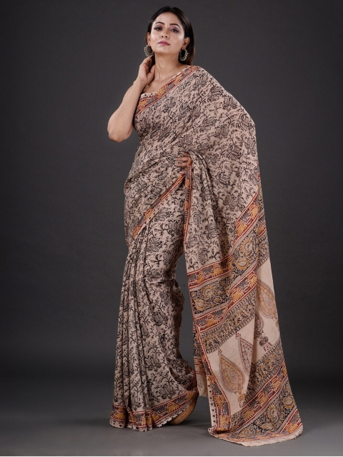 

Mitera Coffee Brown & Cream-Coloured Floral Pure Cotton Heavy Work Saree