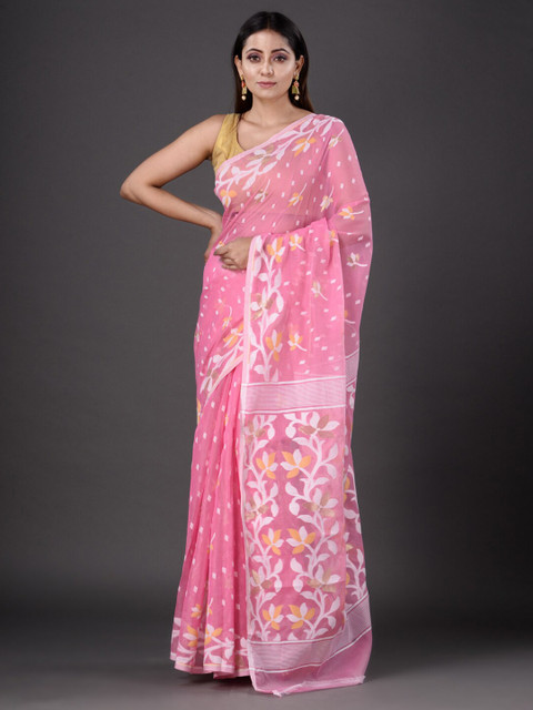 

Mitera Pink & White Woven Design Silk Cotton Heavy Work Saree