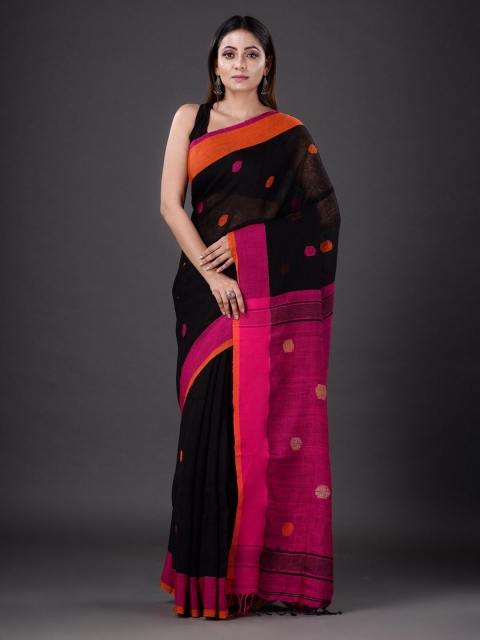 

Mitera Black & Pink Woven Design Pure Linen Heavy Work Saree