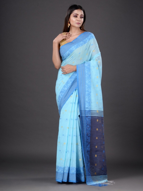 

Mitera Blue & Gold-Toned Woven Design Silk Cotton Heavy Work Saree