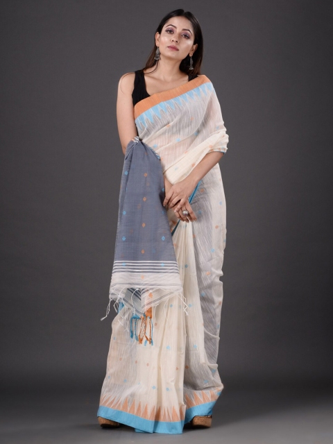 

Mitera Off White & Grey Floral Silk Cotton Saree