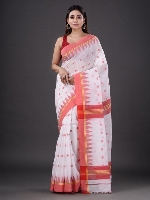 

Mitera White & Orange Woven Design Silk Cotton Heavy Work Saree