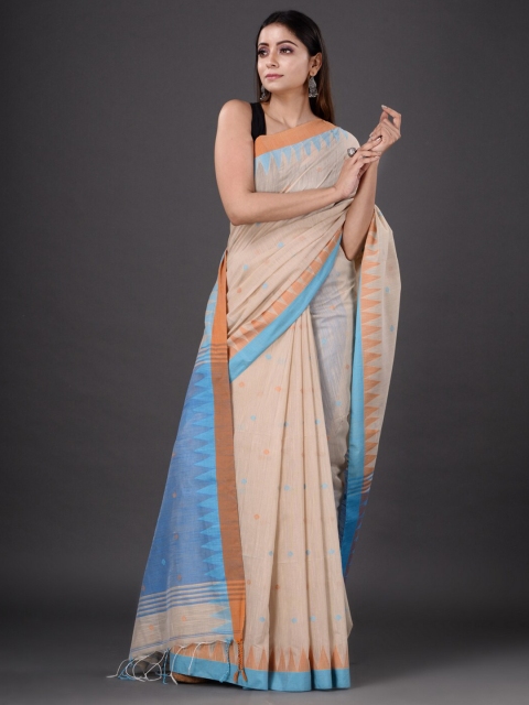 

Mitera Peach-Coloured & Blue Woven Design Silk Cotton Heavy Work Saree